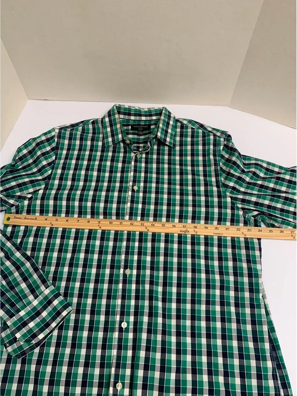 NWOT Banana Republic Mens XL 17-17 1/2 35-36 No Iron Slim Fit Shirt Green Check